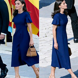 西班牙王妃同款连衣裙夏 时尚褶皱袖遮肚显瘦 A字裙气质名媛职业