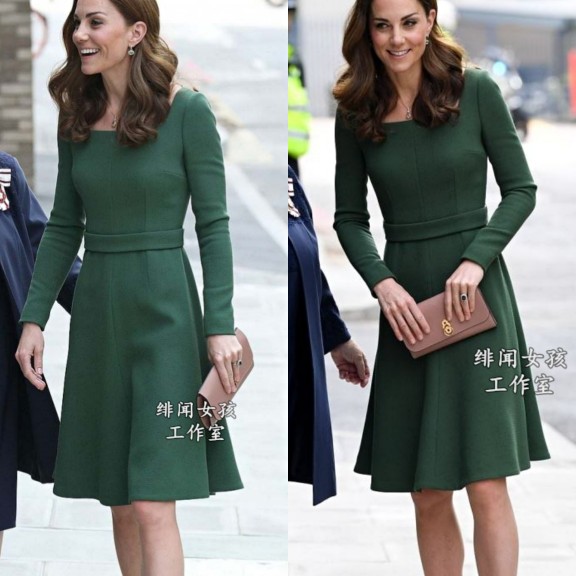 凯特王妃同款连衣裙女秋 时尚绿色长袖A字裙大摆裙时尚淑女收腰秋