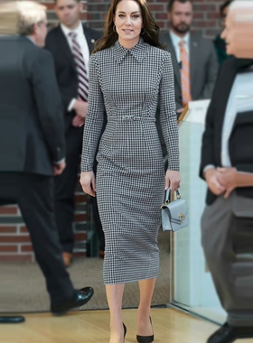 凯特王妃同款连衣裙2026夏 时尚千鸟格淑女收腰显瘦中长裙通勤夏