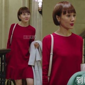 袁泉同款连衣裙秋 时尚荷叶袖休闲显瘦通勤OLA字裙  收腰遮肚大码