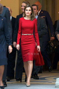 西班牙王妃同款连衣裙女夏夏 时尚红色针织长袖 通勤白领职业裙夏