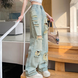时髦设计感宽松辣妹乞丐阔腿长裤 新款 女2025年夏季 破洞直筒牛仔裤