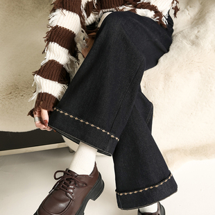 爆款卷边刺绣直筒牛仔裤女2025冬季新款高腰百搭垂感宽松阔腿裤子