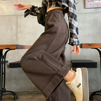 宽松翻边牛仔奶奶裤女装阔腿裤子