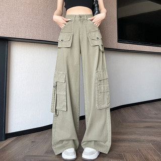 美式复古多口袋工装裤女2025夏新款超火酷飒风阔腿宽松休闲牛仔裤