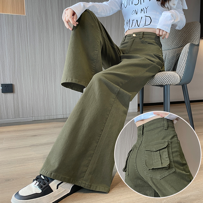 军绿色美式工装微喇牛仔裤女2025秋冬季高腰宽松弹力马蹄喇叭裤子