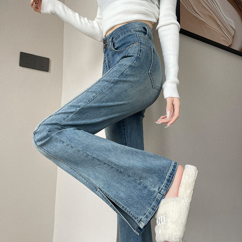 浅蓝色开叉微喇牛仔裤女2024年秋