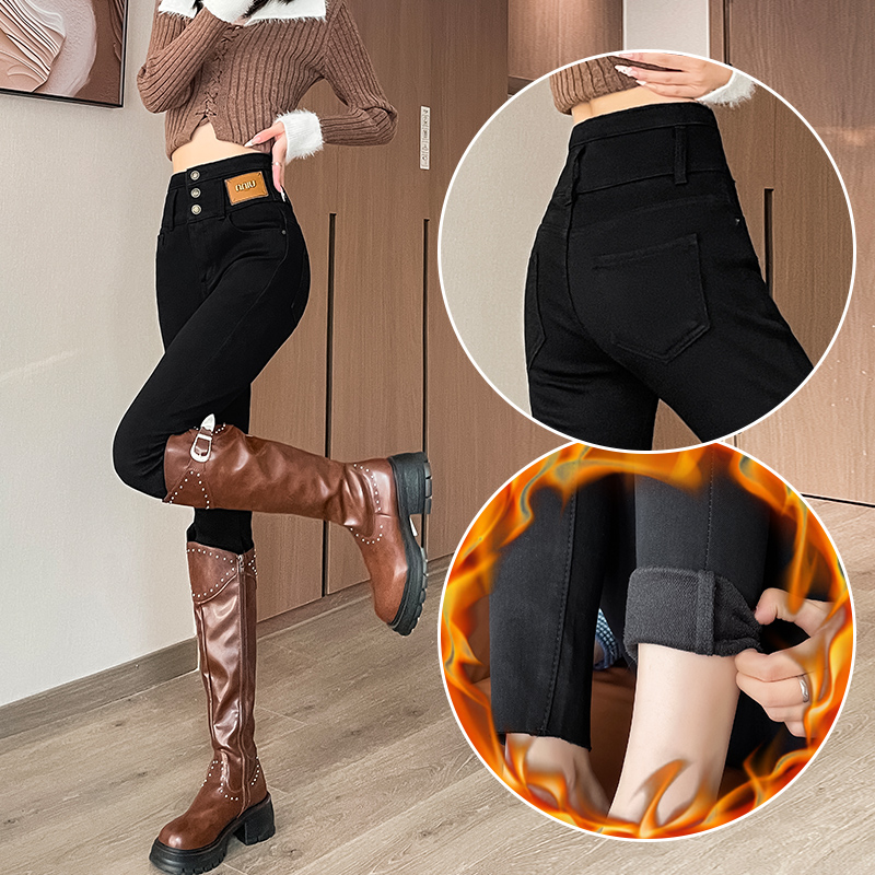 超火爆款加绒小黑裤女紧身牛仔裤