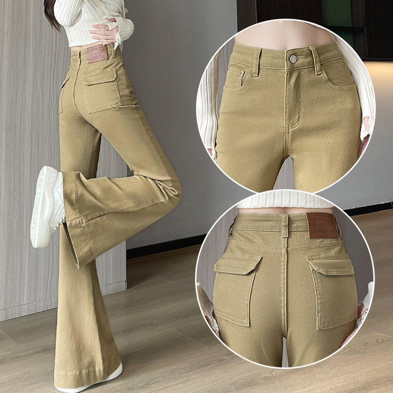 卡其色紧身微喇牛仔裤女