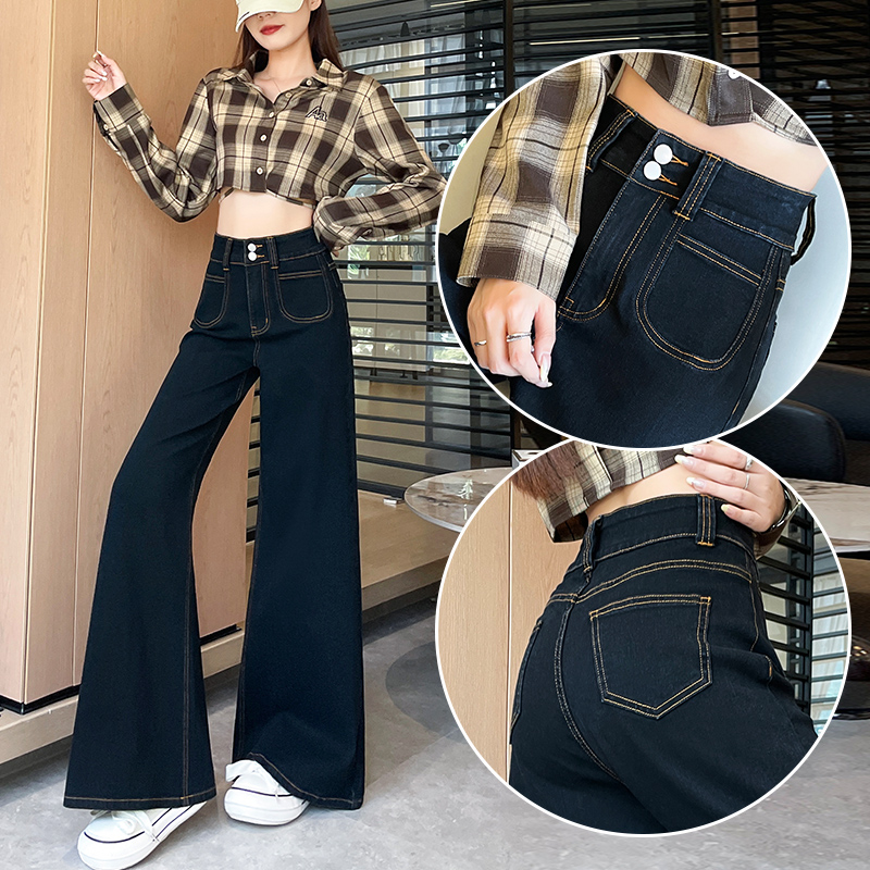 黑色加绒加厚阔腿牛仔裤女今年冬季流行新款宽松遮胯大喇叭马蹄裤