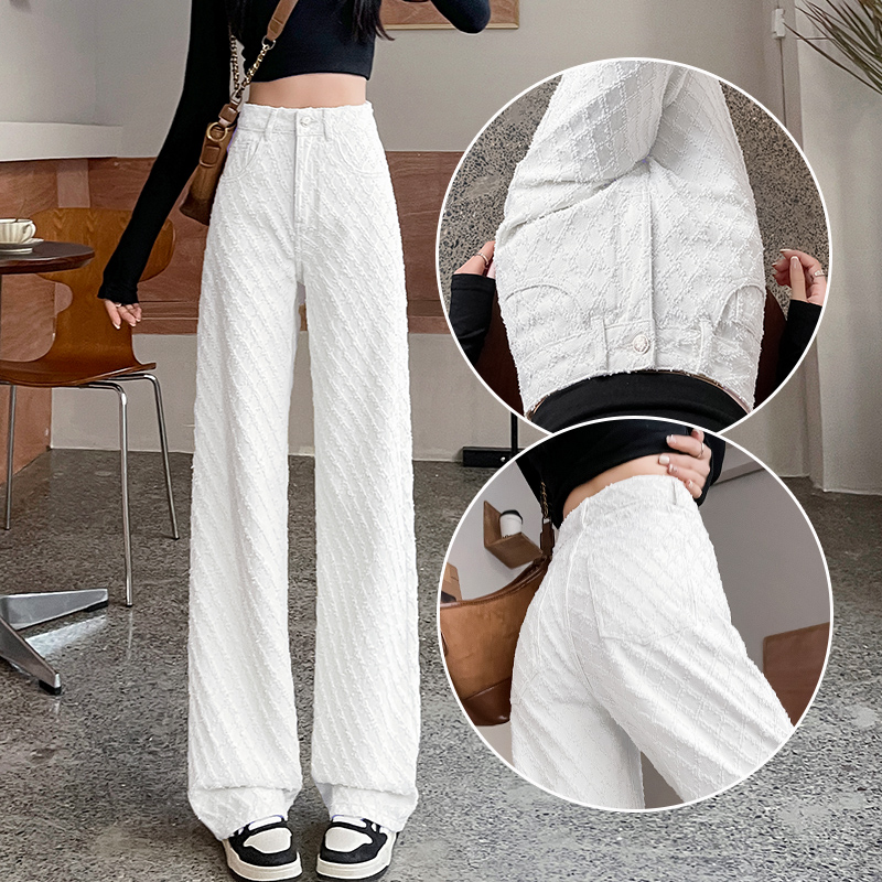 白色编织窄版宽松阔腿牛仔裤女