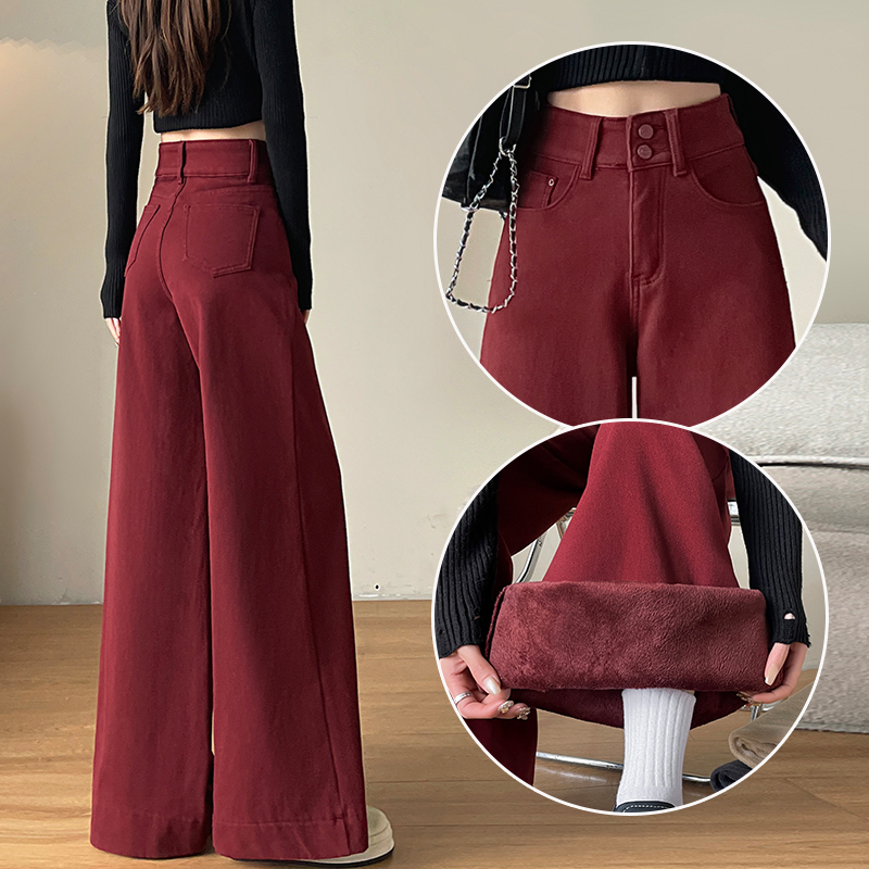 安可拉红慵懒风阔腿牛仔裤女