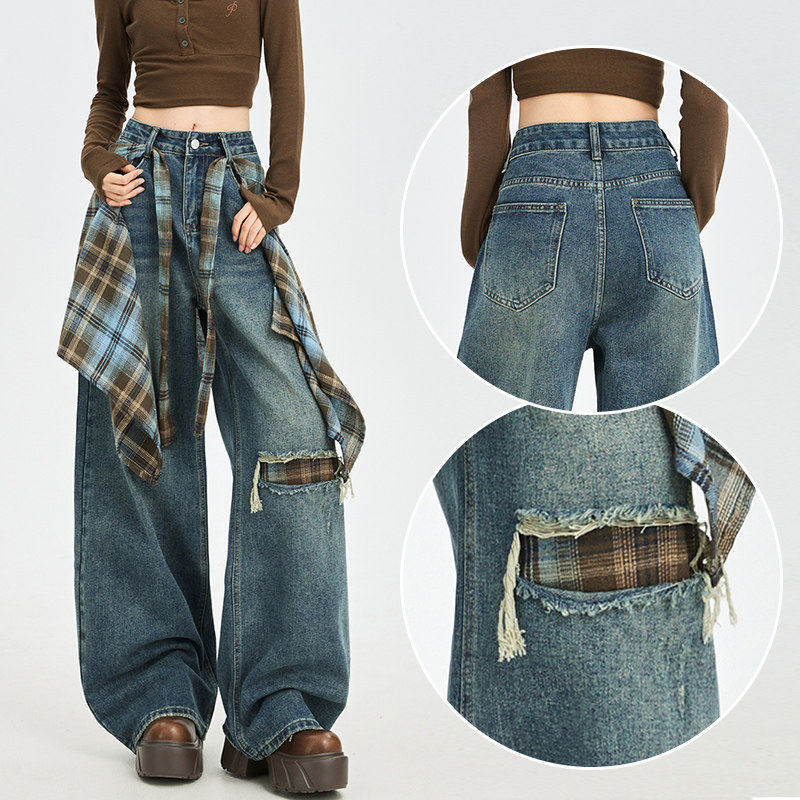 美式破洞贴布设计感牛仔裤女2025秋冬新款宽松时髦屁帘拖地阔腿裤,女装/女士精品,牛仔裤,淘宝优惠券,粉丝福利购,淘宝优惠卷