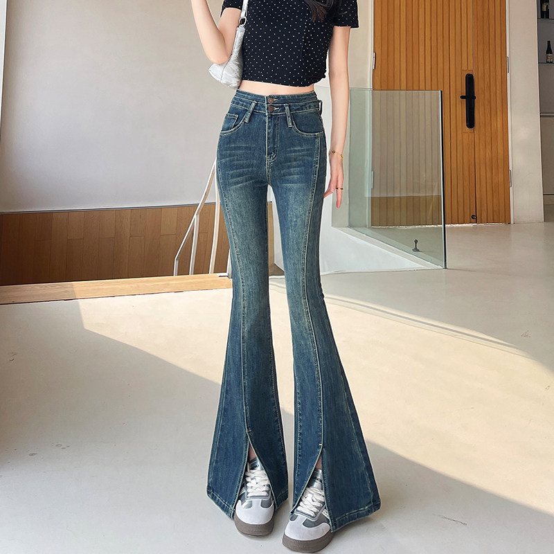 复古蓝微喇叭牛仔裤女2026秋季双排扣高腰辣妹遮胯开叉弹力马蹄裤