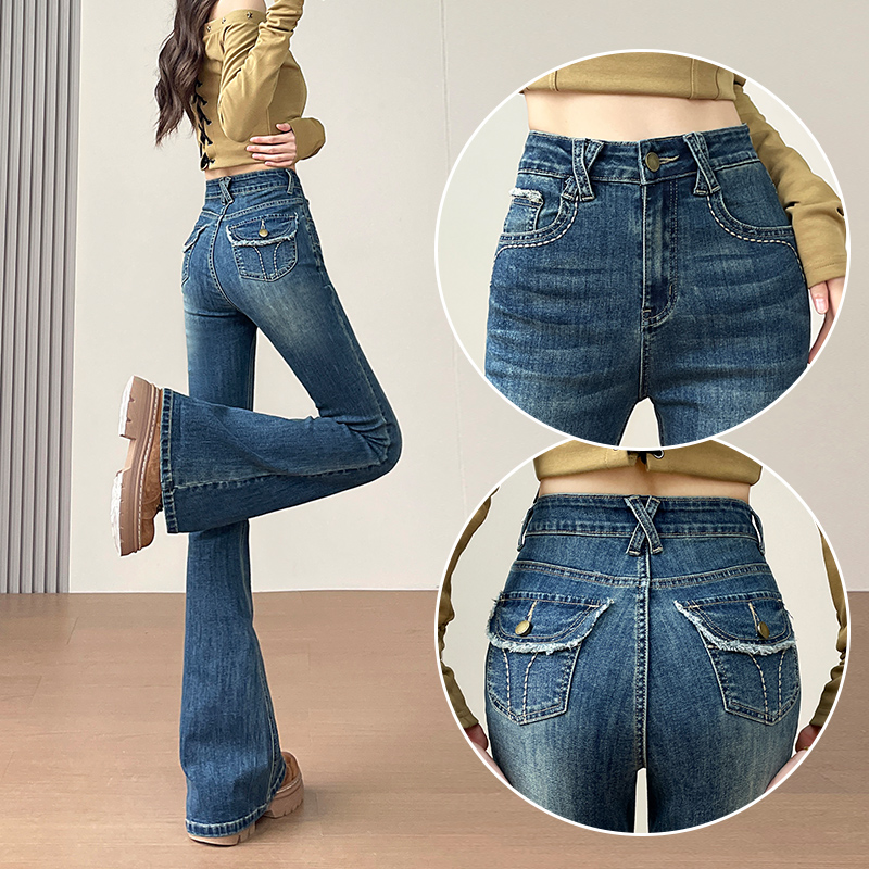 美式紧身丰胯微喇牛仔裤喇叭裤子