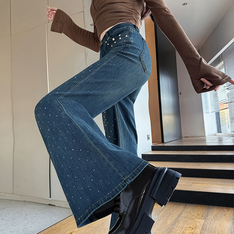 美式复古设计感阔腿裤闪钻喇叭裤