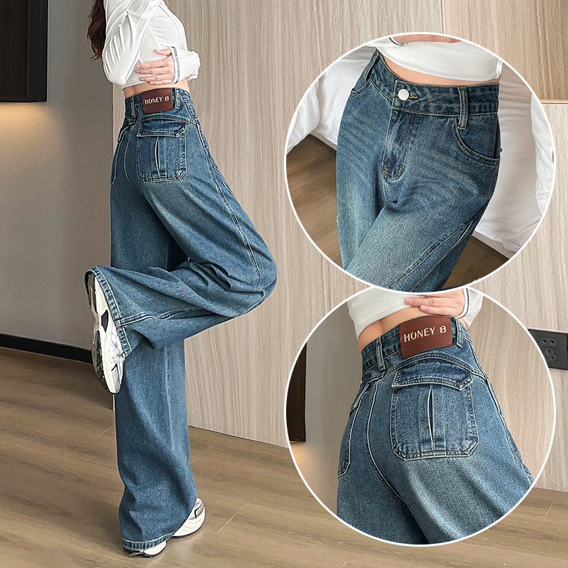 复古拼接弯刀设计感牛仔裤阔腿裤