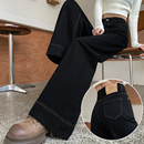 女小个子弹力宽松拖地直筒裤 今年冬季 流行黑色加绒加厚阔腿牛仔裤