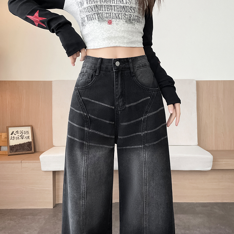 黑灰色阔腿牛仔裤女士秋冬新款女