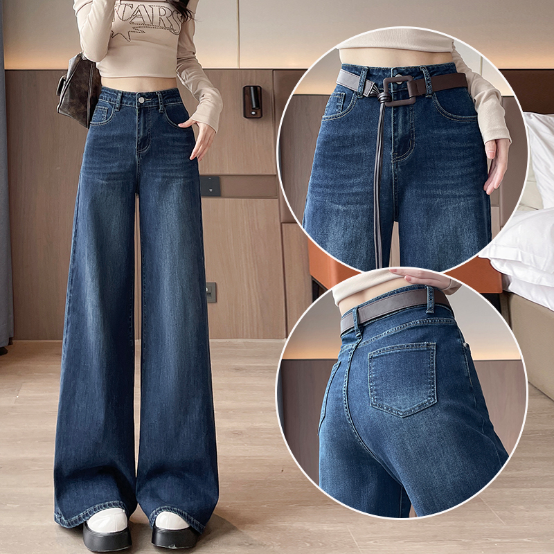 复古蓝时尚腰带阔腿牛仔裤女