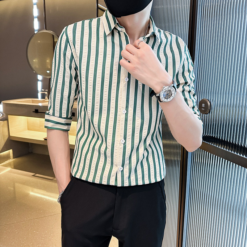 夏季轻熟店主小伙条纹修身休闲短袖衬衫男衬衣A236-A41-P55-控88，男装T恤，电商A236