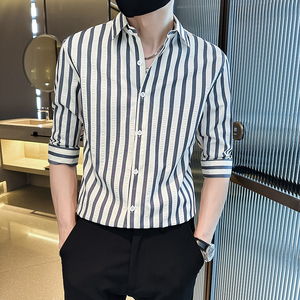 夏季轻熟店主小伙条纹修身休闲短袖衬衫男衬衣A236-A41-P55-控88，男装T恤，电商A236