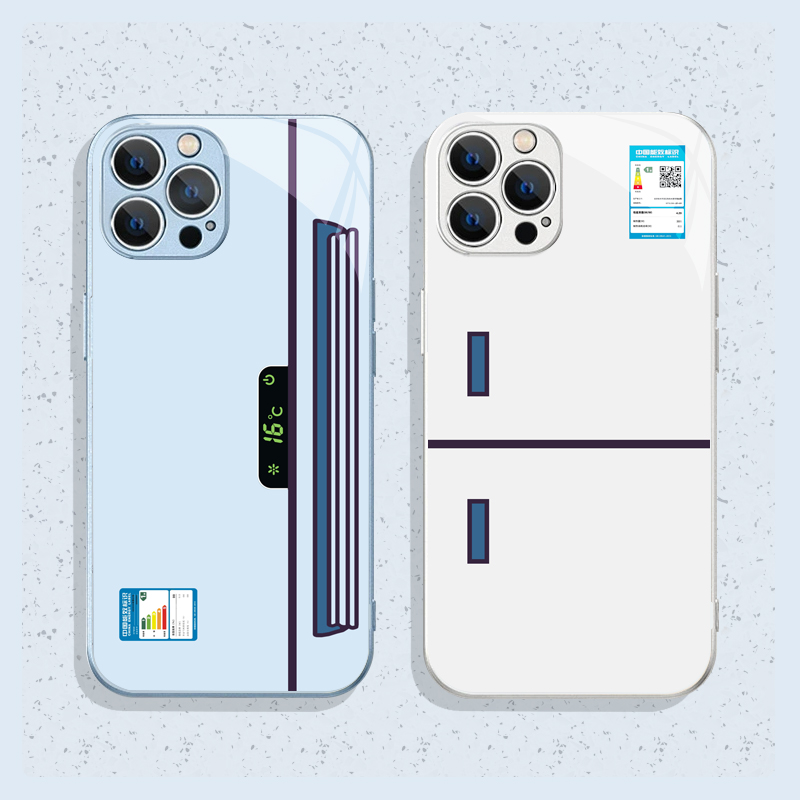 空调和冰箱~适用iPhone16promax苹果14plus夏日玻璃壳15pro情侣手机壳小米14红米note13小众12华为mate70/P70