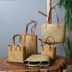 田园风手工编织海草手提包挎包手拎包手提花篮编织袋摄影道具摆件