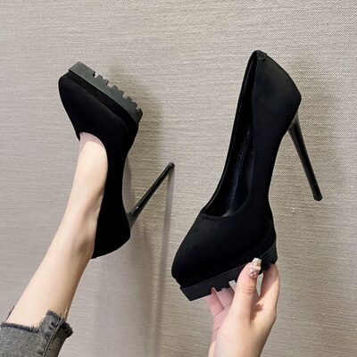2025年新款秋尖头12CM黑色超高跟鞋女细跟绒面防水台性感夜店单鞋
