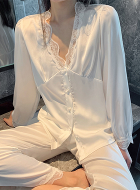 很仙的春秋季法式宫廷泡泡袖冰丝睡衣女蕾丝套装甜美丝绸家居服薄