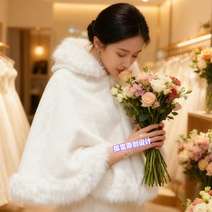 新娘婚纱披肩仿狐狸毛外搭秋冬伴娘礼服敬酒服皮草斗篷旗袍外套