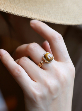 ZOXI美拉德虎眼石方形戒指开口