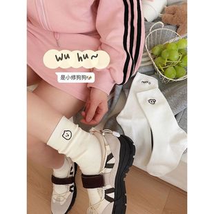 薄款 白色刺绣袜子女中筒袜ins潮纯棉夏季 日系可爱卡通春秋长袜