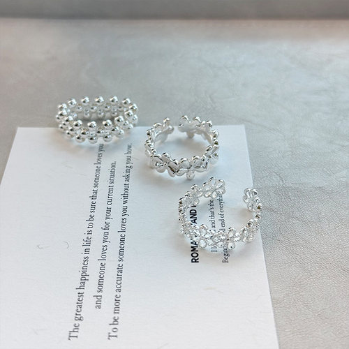 梦猫s925纯银戒指女花朵镂空银珠