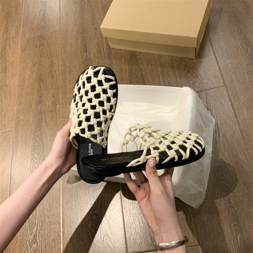 2025新款度假风编织渔网镂空厚底沙滩拖鞋百搭外穿凉拖鞋女夏