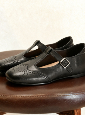 冉言2026复古雕花镂空玛丽珍百搭头层牛皮小皮鞋女春季红色单鞋