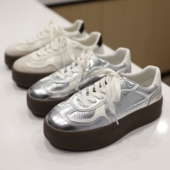 格雷系透气真皮休闲板鞋 增高厚底银色德训鞋 清仓特价 不退换