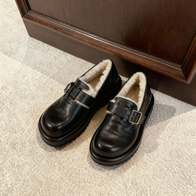 冉言2025冬新品厚底加绒勃肯鞋秋冬一脚蹬毛毛增高单鞋女