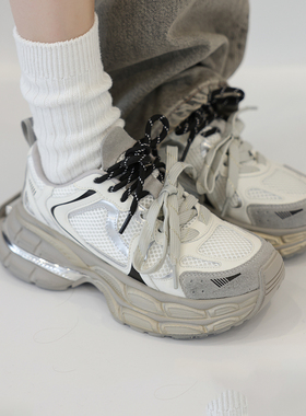 冉言2025春新款真皮厚底增高做旧老爹鞋百搭透气运动鞋休闲鞋女