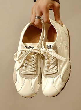 冉言头层皮小白鞋2026春新款软糯薄底休闲运动鞋巨好看阿甘德训鞋