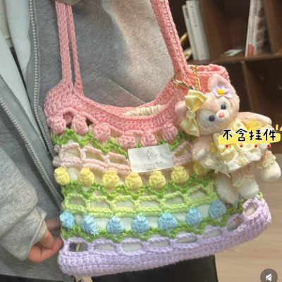 包包钩针手工编织材料包ins撞色华夫格网兜包圆股纱空心线毛线diy