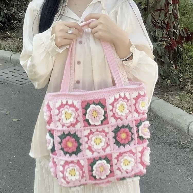 山茶花手工编织单肩手提包包diy材料包毛线钩针祖母格包礼物自制