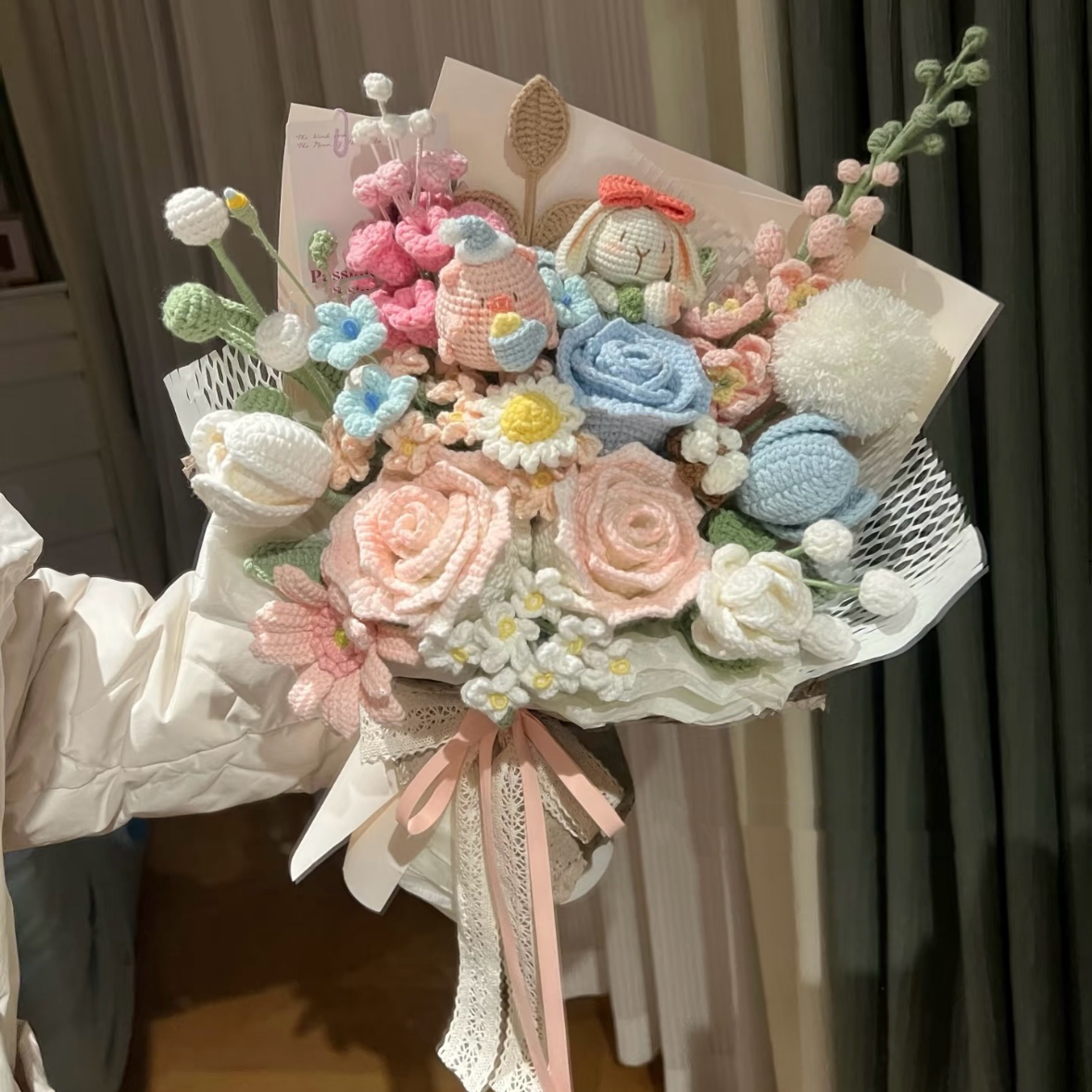 情人节手工diy毛线玫瑰编织混搭手捧花束自制钩织材料包送女友