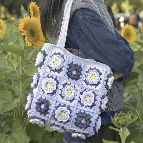 山茶花手工编织单肩手提包包diy材料包毛线钩针祖母格包礼物自制