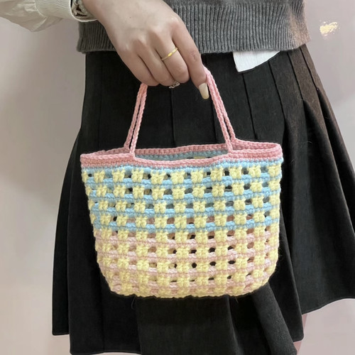 包包钩针手工编织材料包ins撞色华夫格网兜包圆股纱空心线毛线diy