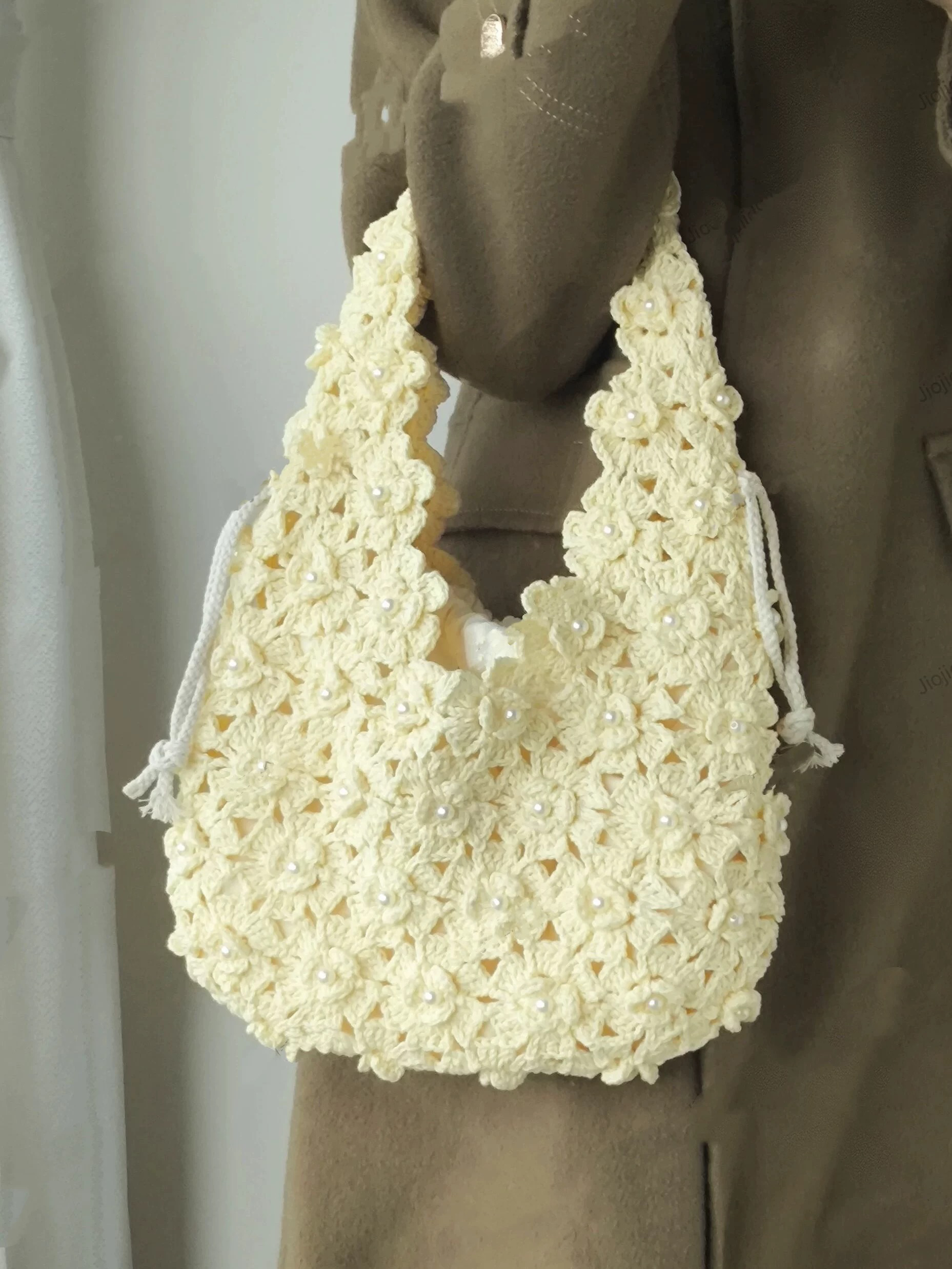 仙女樱花包包镂空花朵毛线手工编织钩针diy材料包针织单肩包托特