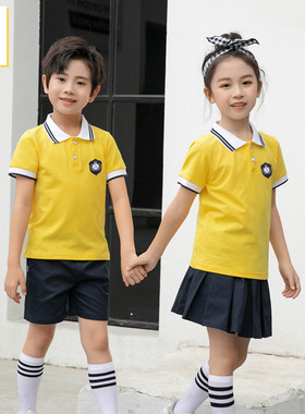 黄色小学生校服夏季两件套装幼儿园服班服开学季短袖格子裙子短裤