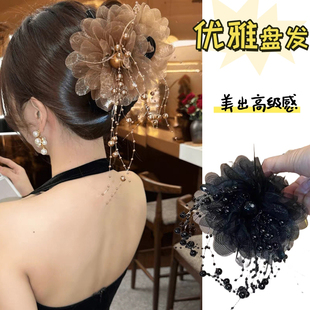 新款 鲨鱼夹后脑勺上档次发夹显发量女 流苏牡丹花羽毛抓夹轻奢时尚