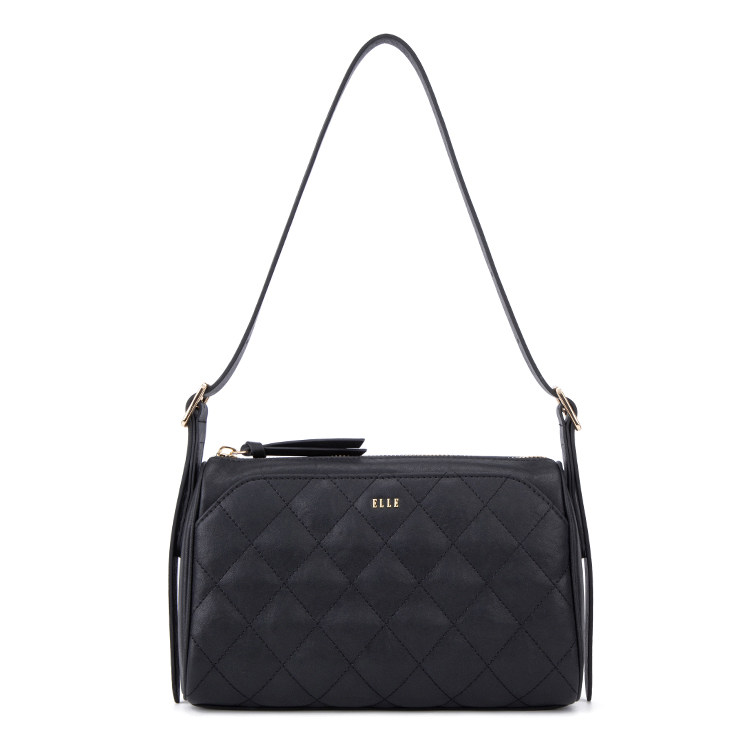 ELLE菱格纹斜挎包女黑色单肩包通勤枕头包