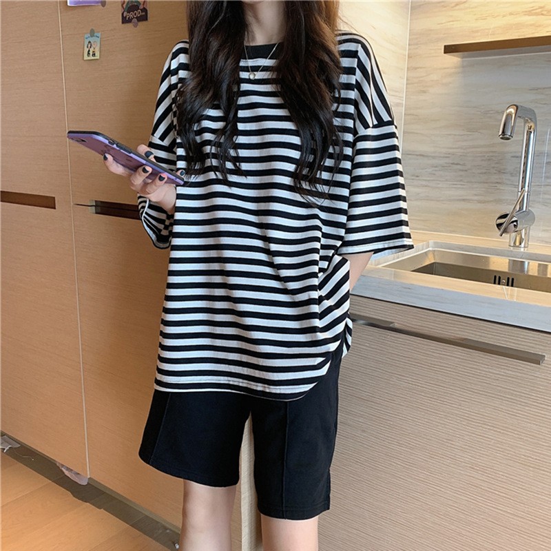 黑白条纹t恤女2025年新款超火